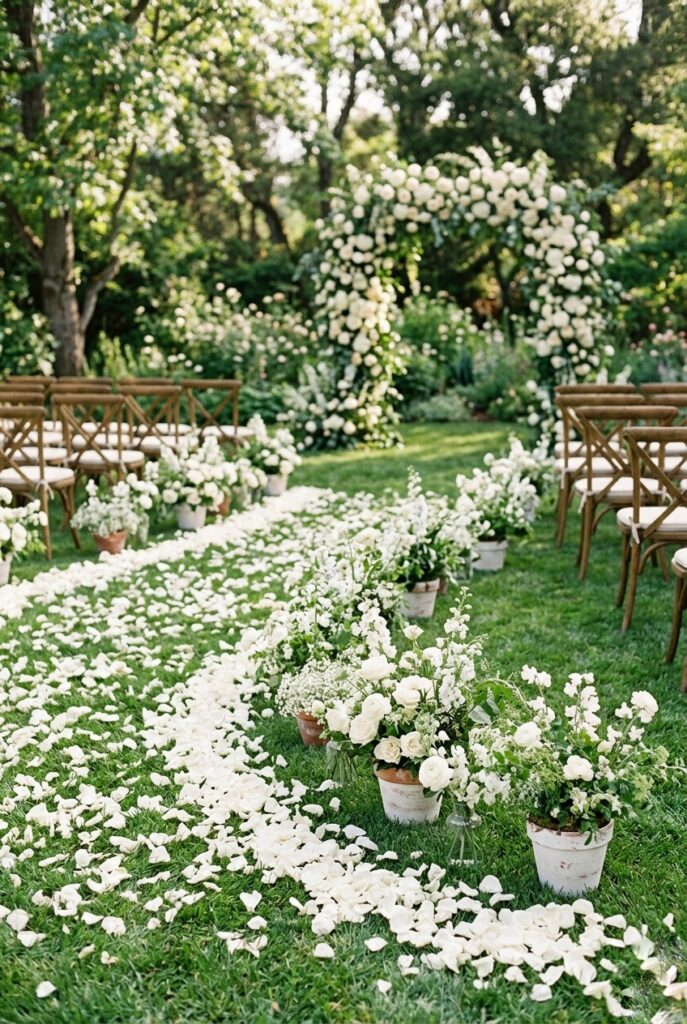Gently curved outdoor wedding ceremony aisle lined with white rose petals and low floral markers on green grass, leading to a floral arch