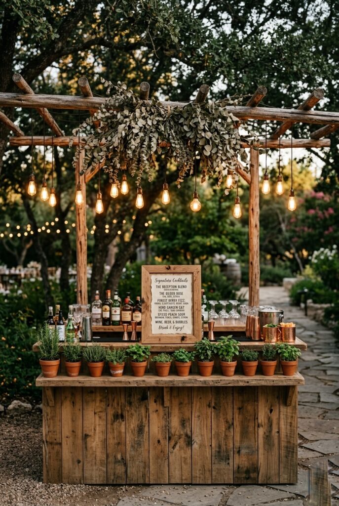 Outdoor wedding cocktail bar styled with potted herbs along the front edge, hanging dried eucalyptus overhead, and a handwritten drinks menu in a wooden frame