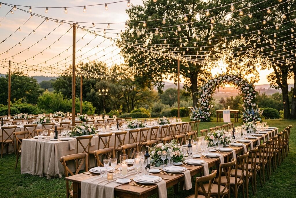 Romantic outdoor wedding reception at golden hour with string lights overhead, linen-draped tables, and lush greenery arch at the ceremony altar