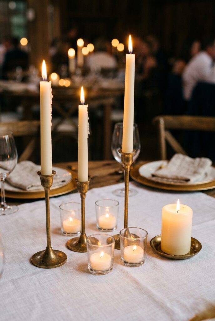 Budget wedding table centerpiece with mixed-height taper candles in brass holders, glass votives, and a pillar candle on a white linen tablecloth