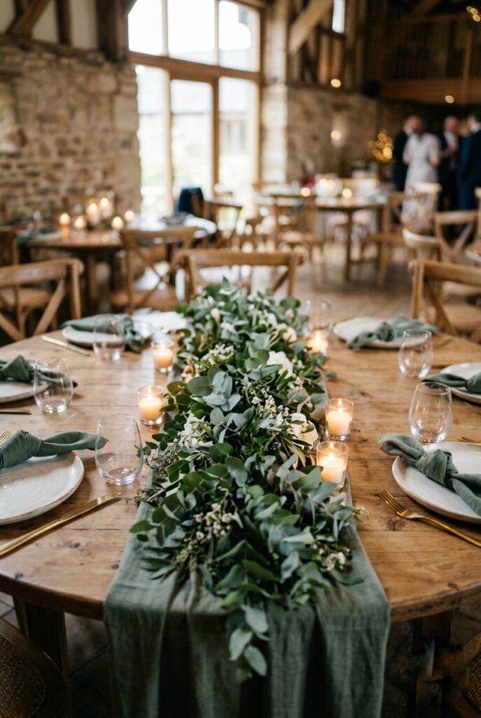 Fresh eucalyptus greenery runner down the center of a wedding reception table with small glass votives and linen napkins