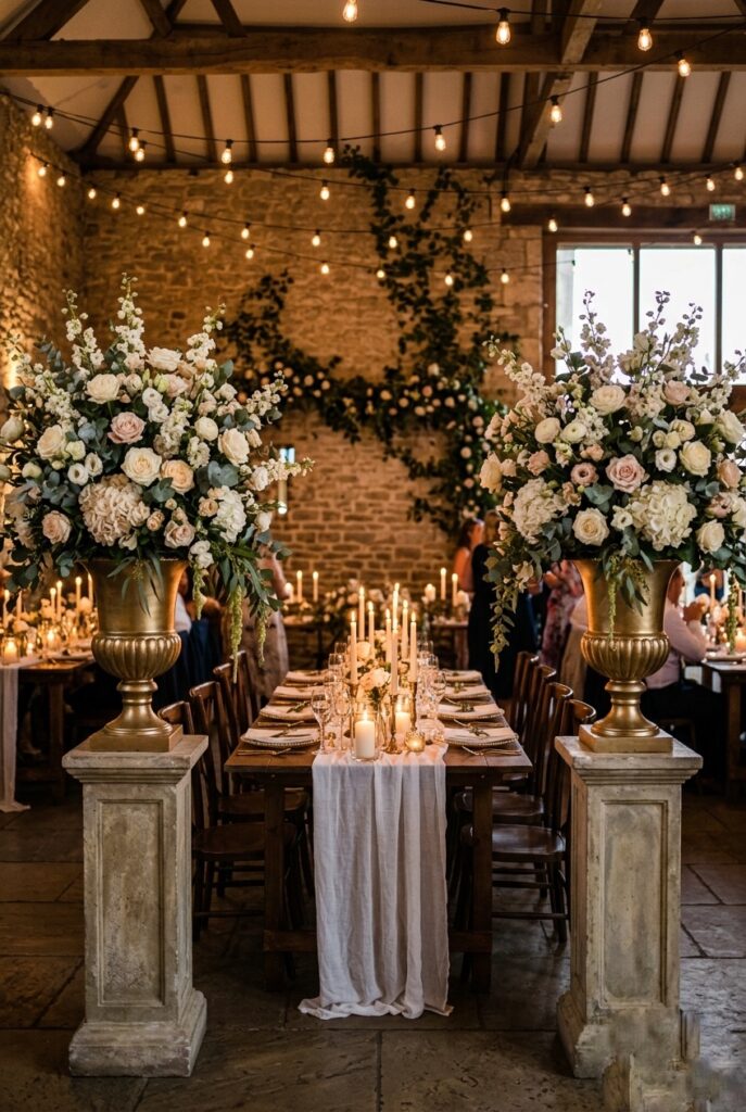 Wedding ceremony floral urn arrangement repurposed at a reception head table as a statement decor piece with candles and greenery
