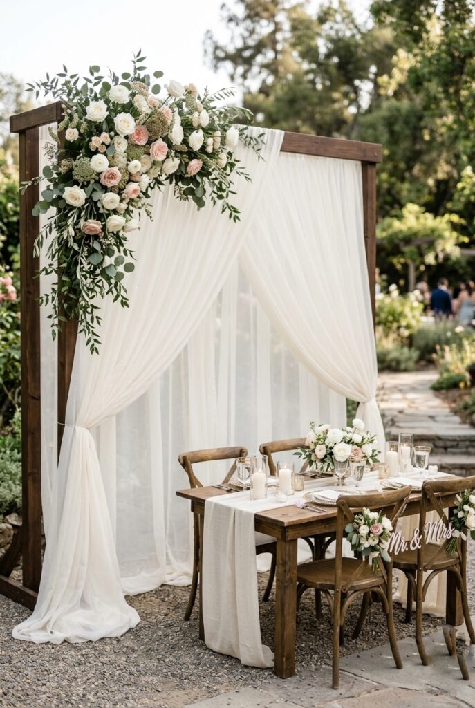 DIY wedding reception backdrop with sheer ivory fabric and asymmetric corner floral cluster behind a sweetheart table