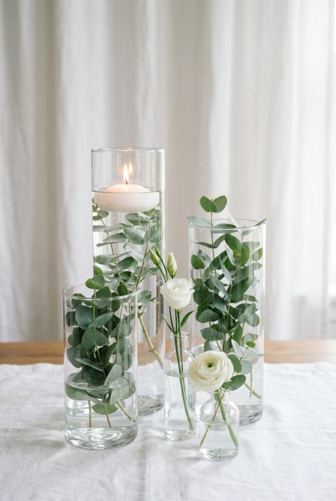Budget wedding table centerpiece using clear glass cylinder vases and small bud vases with fresh eucalyptus and floating candles on a white linen table