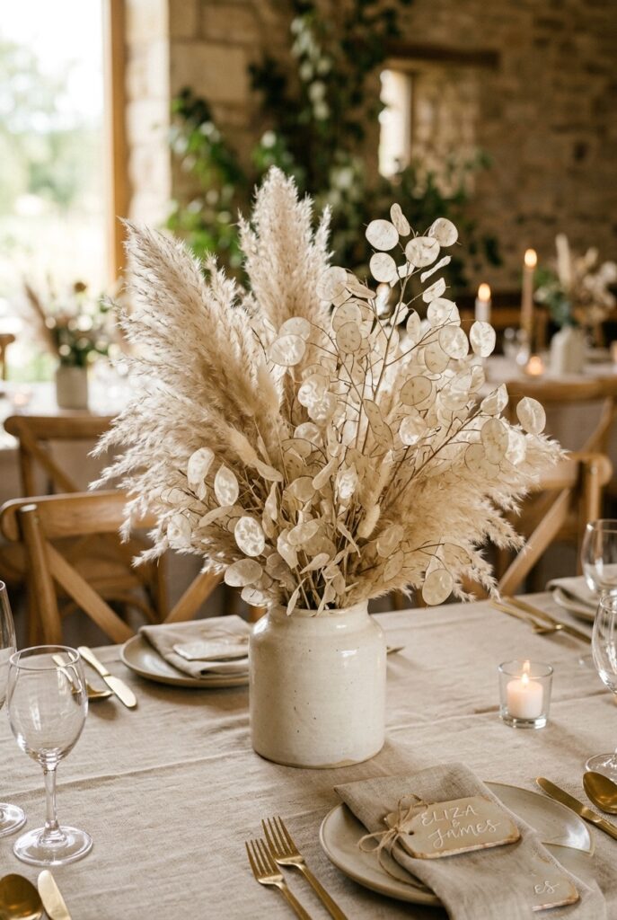 Budget wedding centerpiece with natural pampas grass and dried lunaria in a cream ceramic vase on a wedding reception table