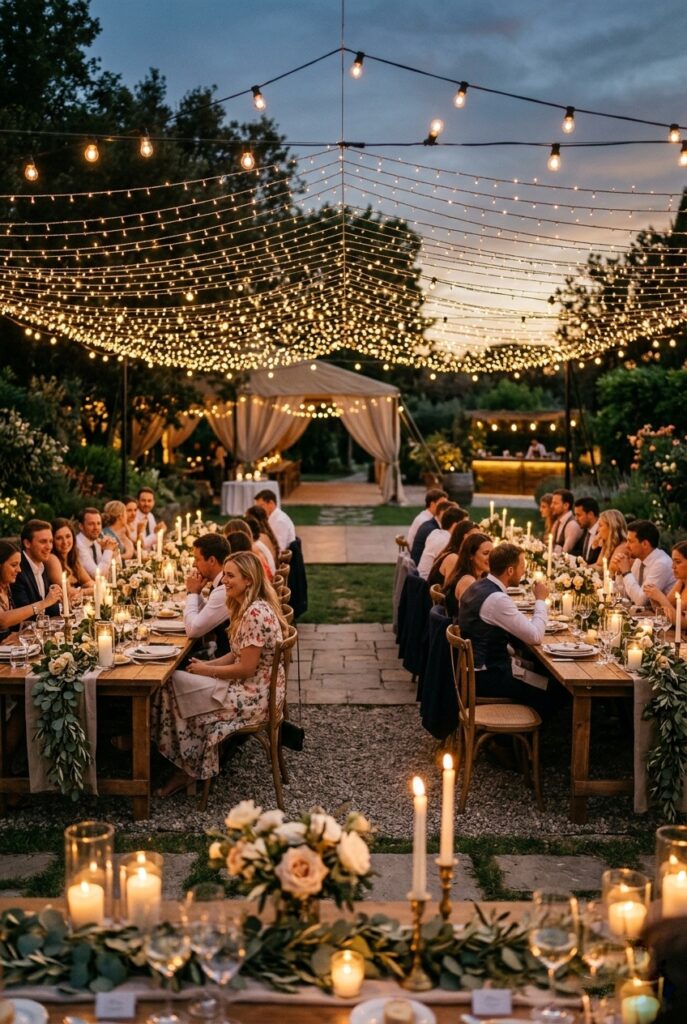Warm string lights hung in a canopy over a budget outdoor wedding reception with simple greenery table runners and candlelit centerpieces at dusk
