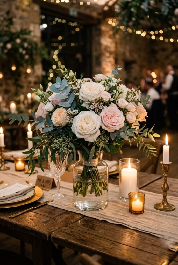 Bridesmaid bouquet repurposed in a glass vase as wedding reception table decor on a sweetheart table with candles