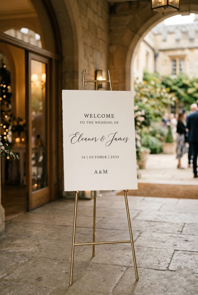 Elegant budget wedding welcome sign printed on cardstock in a gold metal easel at a wedding venue entrance
