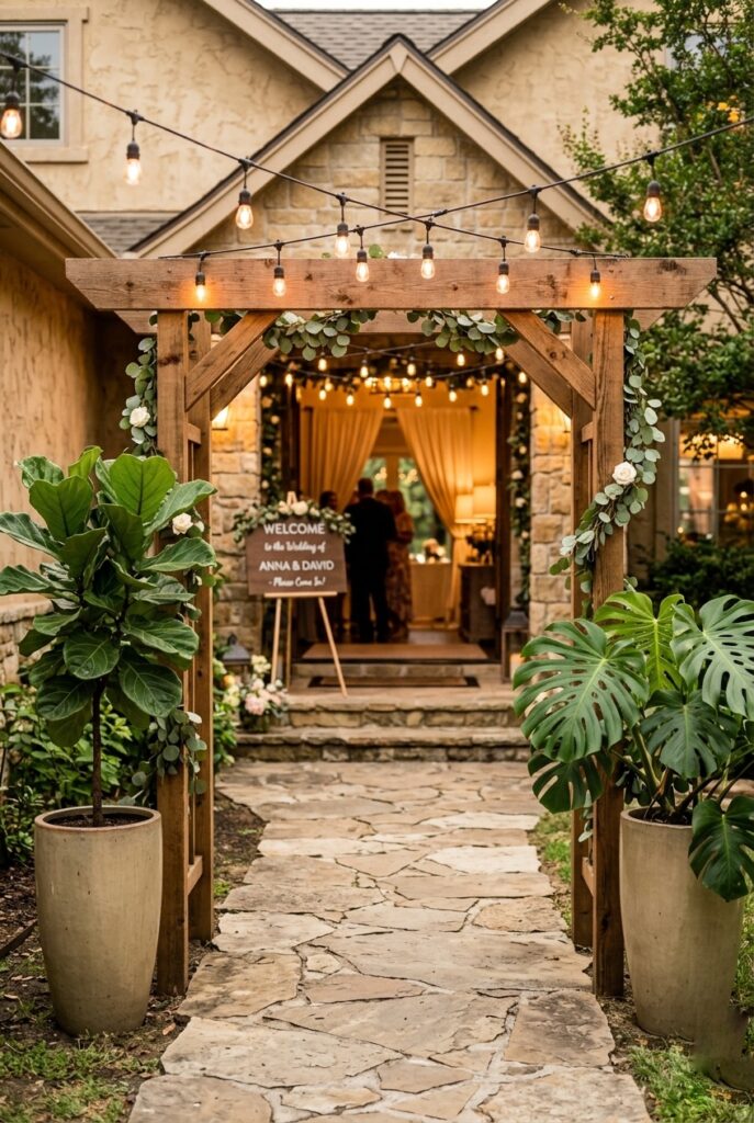 (Portrait 2:3, ~1000x1500px)
A home entryway transformed for a wedding entrance. Market lights strung overhead from the house to a simple wooden arch or threshold. Two tall potted greenery arrangements (monstera or fiddle leaf fig style) flanking the path. Stone or wooden steps leading through the entrance. Warm, welcoming lighting. Guests' perspective walking in, feeling the shift from "outside" to "event space." No overly busy decoration—clean, simple, inviting. Generate in vertical portrait orientation, 2:3 aspect ratio, optimized for mobile display. Maximum 200kb file size.
