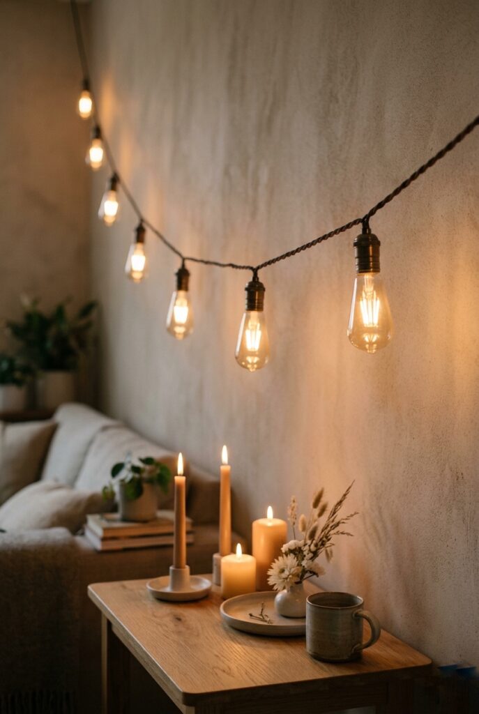 (Portrait 2:3, ~1000x1500px)
Close-up of warm Edison bulb string lights hung at eye level across a living room or reception space. Soft golden glow against neutral walls. Real candles on nearby table surfaces. The lighting creates intimate pools of warmth without overwhelming the space. Shows how lighting replaces rather than adds to existing room lighting. Photorealistic, intimate feeling. Generate in vertical portrait orientation, 2:3 aspect ratio, optimized for mobile display. Maximum 200kb file size.