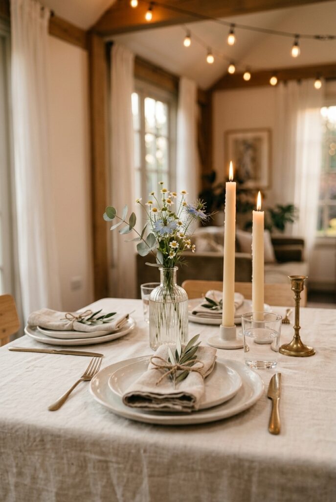 (Portrait 2:3, ~1000x1500px)
A close-up of a minimalist tablescape: white linen, a small thrifted glass vessel with wildflowers or eucalyptus, pillar candles, folded napkin, and simple place setting. Warm lighting. Shows how table decor is where the budget and attention should focus in home weddings. Quality linens, simple florals, good lighting. Generate in vertical portrait orientation, 2:3 aspect ratio, optimized for mobile display. Maximum 200kb file size.