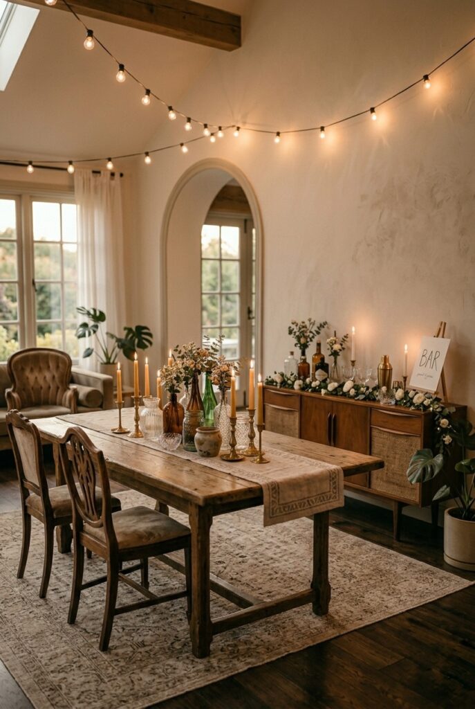 (Portrait 2:3, ~1000x1500px)
A home reception space where the couple's own furniture is incorporated: a vintage sideboard styled as a bar with flowers and candles, antique chairs pulled in for seating, a patterned vintage rug defining the space on hardwood floors. Shows how personal furniture becomes part of the decor story rather than being hidden. Inviting, eclectic, intentional. Generate in vertical portrait orientation, 2:3 aspect ratio, optimized for mobile display. Maximum 200kb file size.