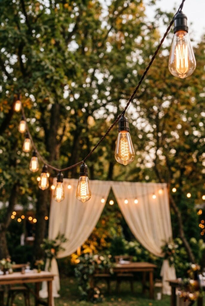 Warm Edison bulb string lights create ambient lighting at a wedding ceremony, a cost-effective DIY decor project.