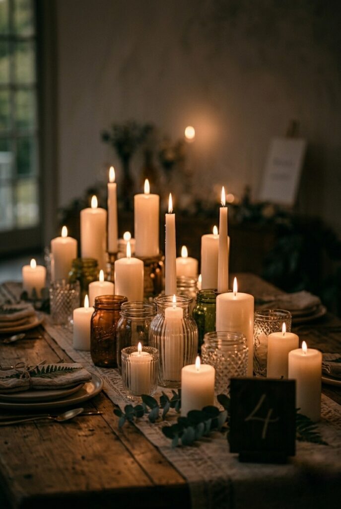 White pillar candles in varying heights inside glass votives create a romantic, budget-friendly DIY lighting display for a wedding reception.