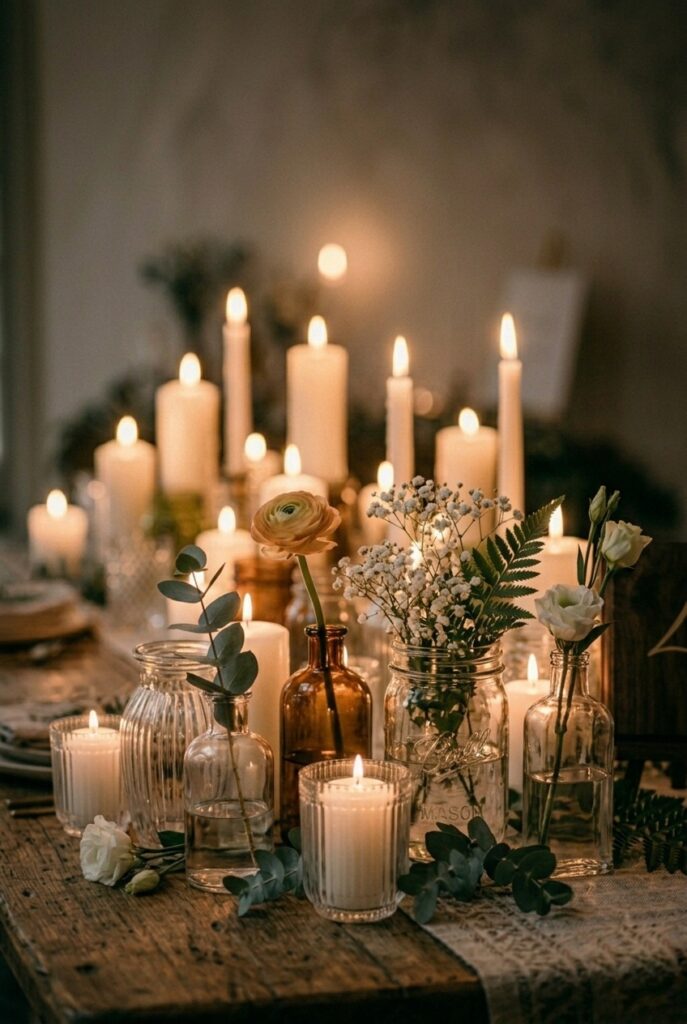 A collection of mismatched thrifted vintage vases and mason jars filled with greenery and single stems creates an eclectic, budget-friendly wedding centerpiece arrangement.