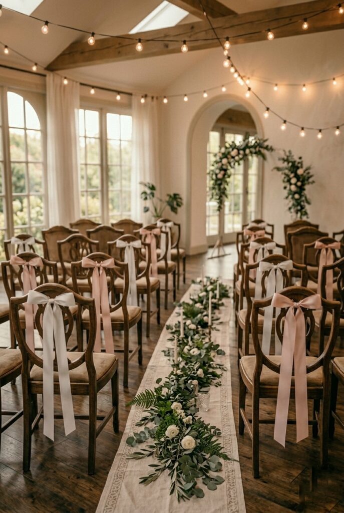 Simple white ribbon bows tied to ceremony chairs create an elegant, time-efficient DIY wedding aisle decoration.