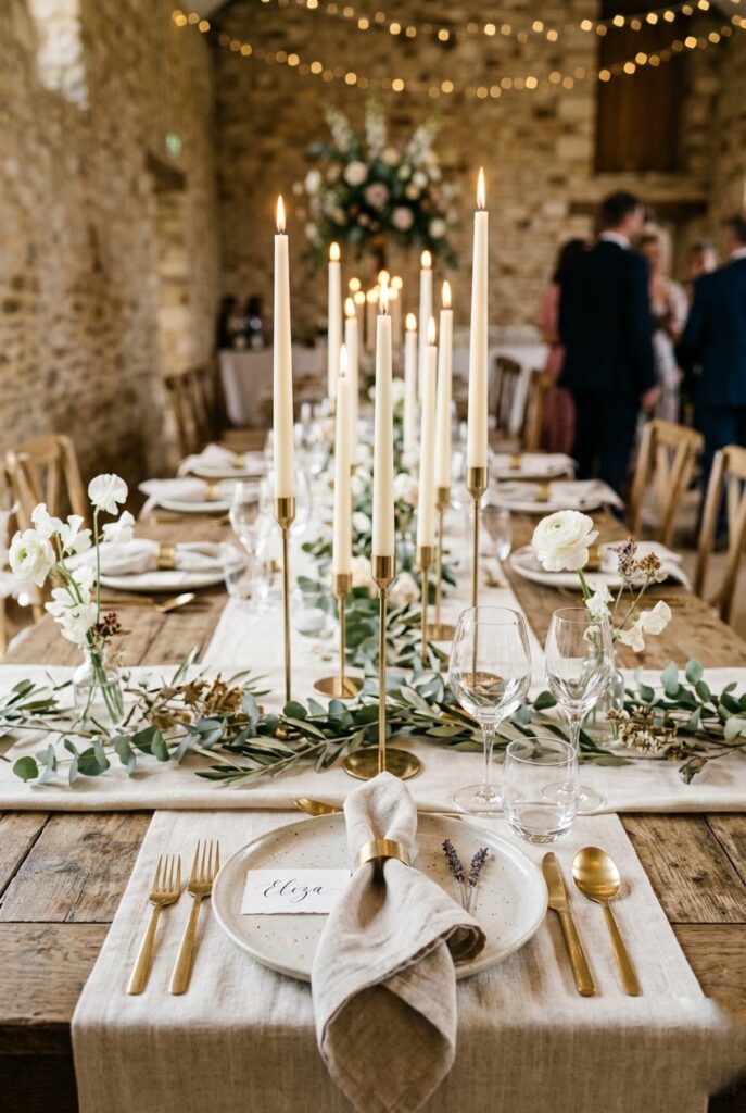 Wedding tablescape with ivory taper candles at varying heights on a linen-covered table