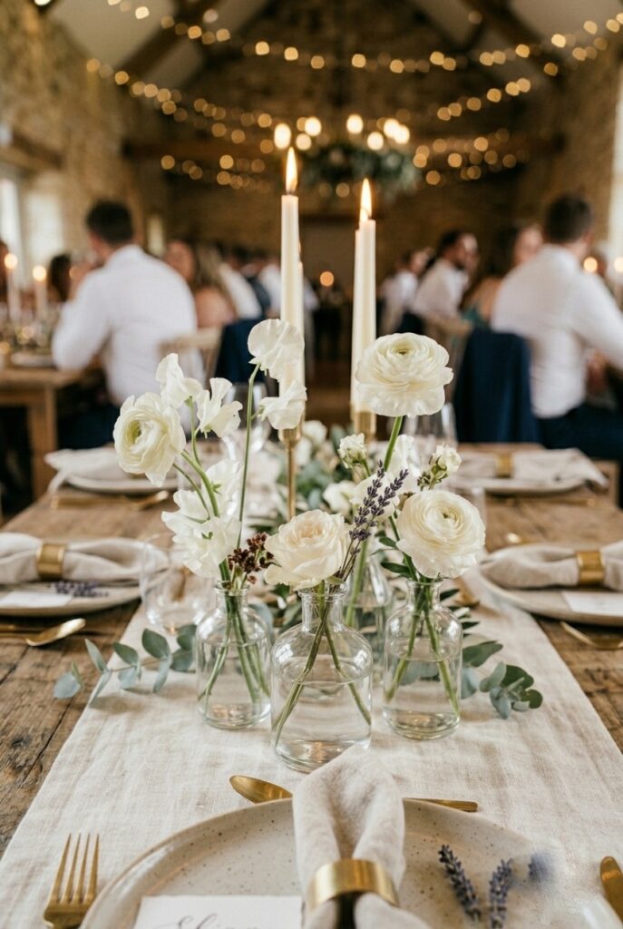 Cluster of glass bud vases with single white flower stems on a wedding reception table