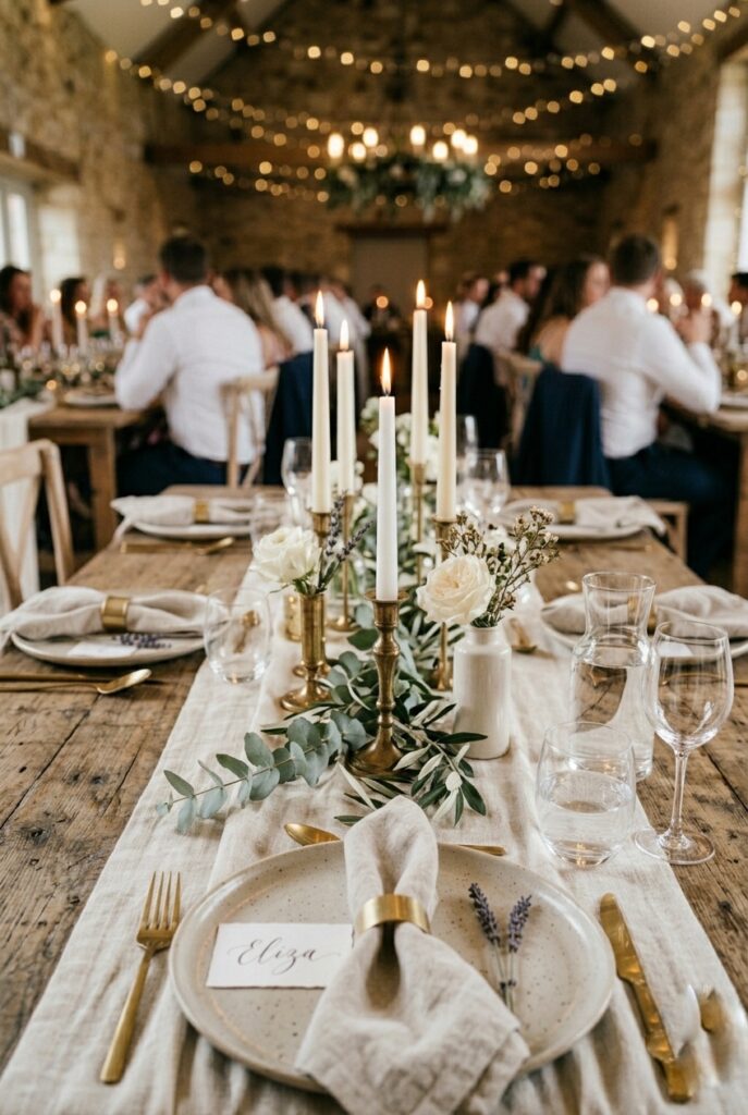 Loose cheesecloth table runner draped naturally on a rectangular wedding reception table with candles