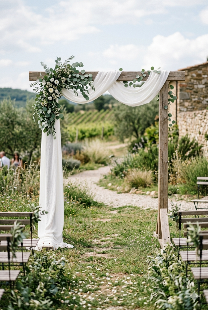 Simple white fabric draped wooden wedding ceremony arch with minimal eucalyptus greenery