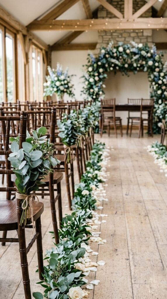 Wedding ceremony aisle with eucalyptus greenery bundles tied with twine at chair bases