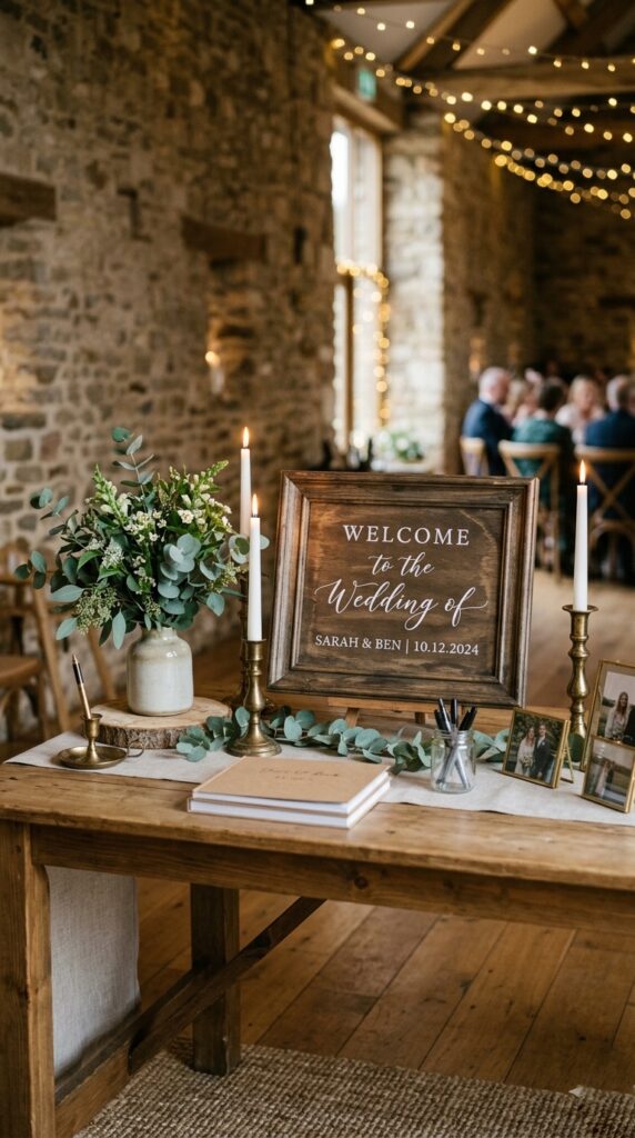 Simple wedding welcome table with framed sign, small greenery arrangement, and taper candles