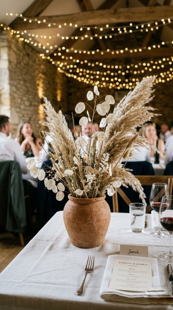 Dried pampas grass and lunaria centerpiece in a terracotta pot on a simple wedding reception table