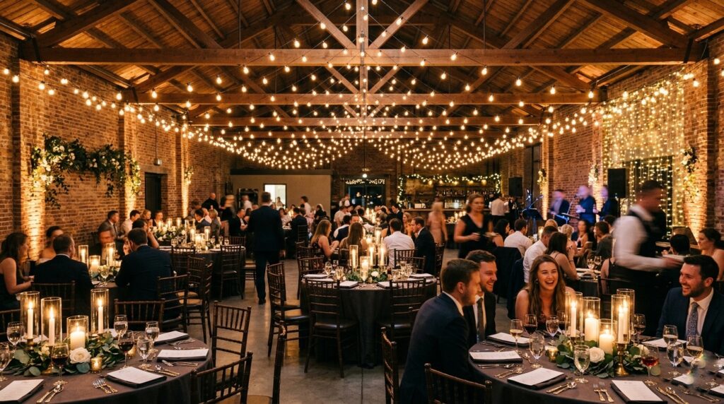 Indoor wedding reception with warm Edison string lights overhead and simple candle centerpieces on tables below