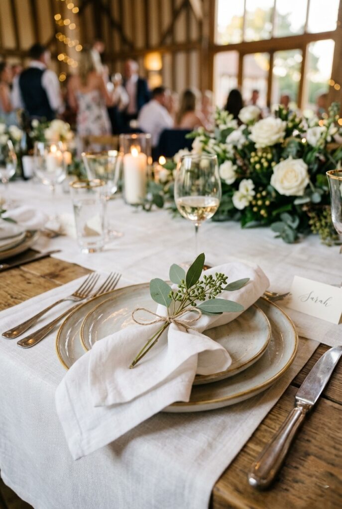 White linen napkin loosely folded with a sprig of eucalyptus on a wedding reception place setting