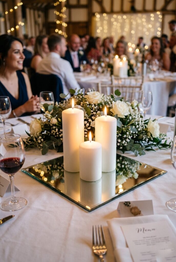 Three white pillar candles arranged on a square mirror centerpiece at a wedding reception table