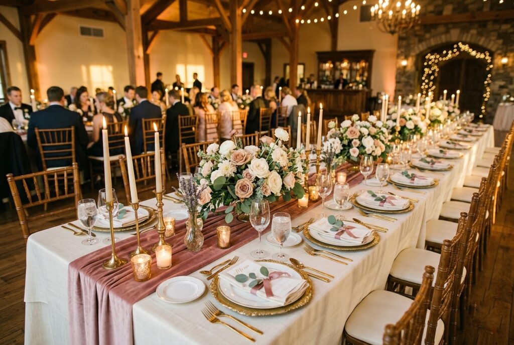Styled wedding reception table with intentional negative space between centerpiece and place settings, showing elegant open linen areas, portrait orientation