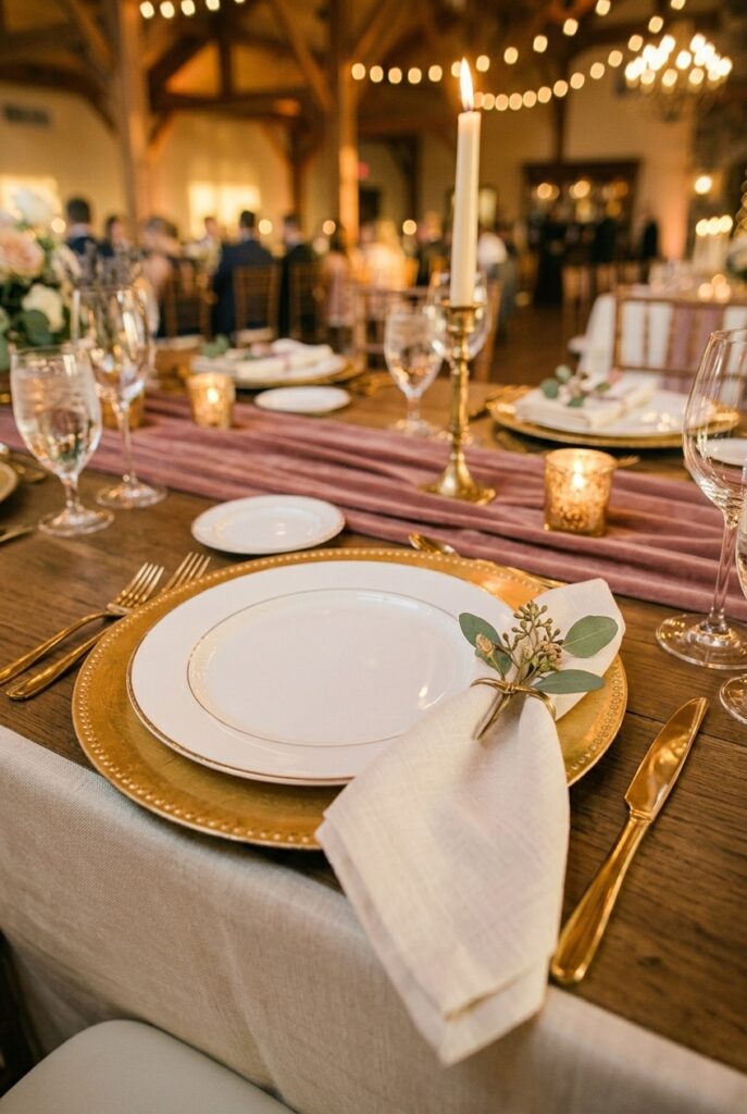 Gold charger plate under white dinner plate at a wedding reception table with folded linen napkin and cutlery, portrait orientation