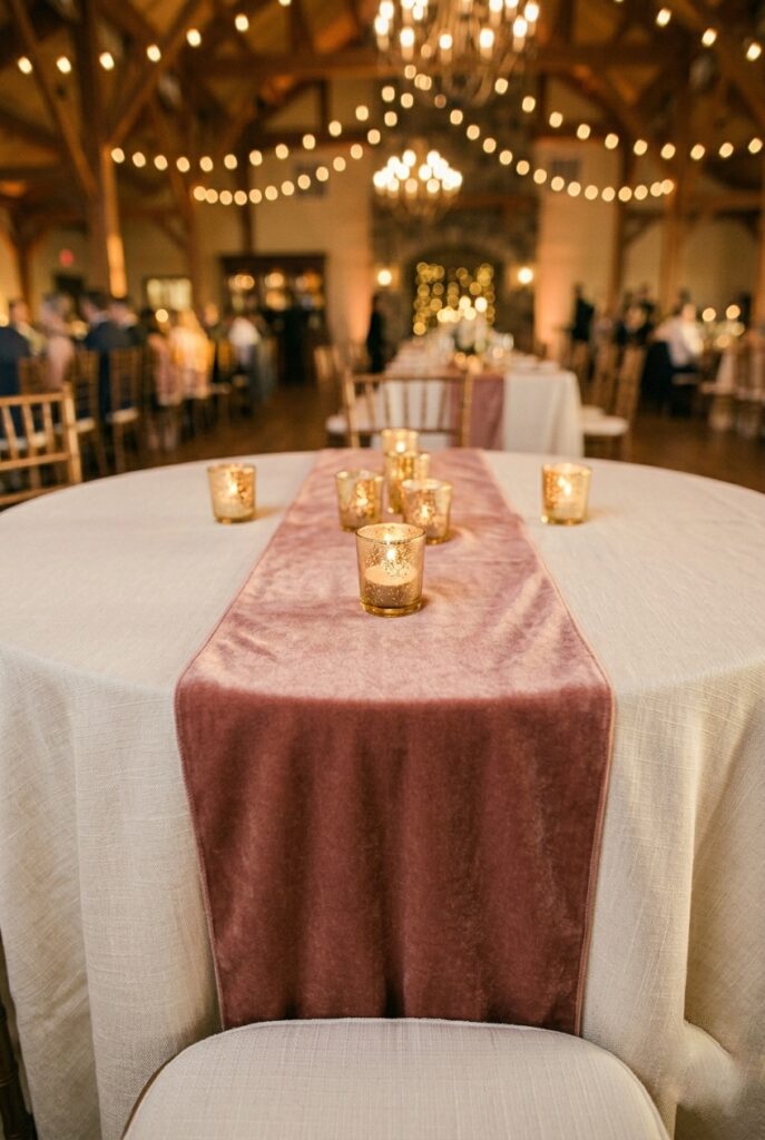 Wedding reception round table with ivory linen tablecloth and dusty rose velvet table runner, softly lit with candles, portrait orientation