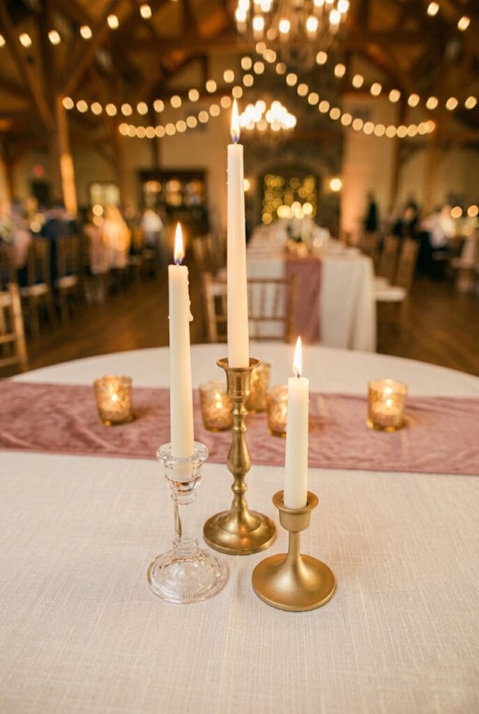Cluster of ivory taper candles in varied height holders on a wedding reception table with soft candlelight, portrait orientation