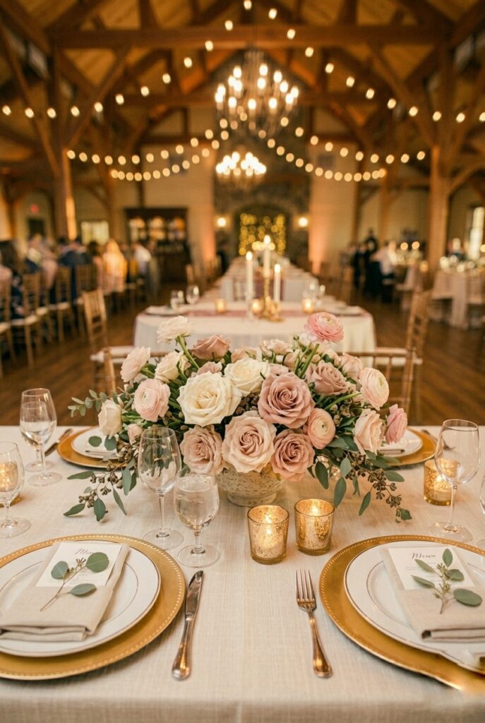 Low lush floral centerpiece with garden roses and eucalyptus on a wedding reception table, eye level with seated guests, portrait orientation