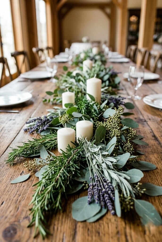 Fresh rosemary and eucalyptus herb runner with small white pillar candles on a rustic wooden wedding reception table, portrait orientation