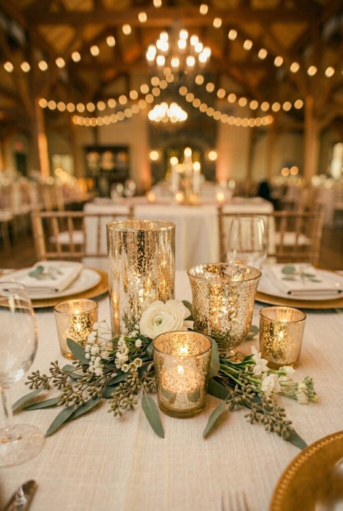 Cluster of mercury glass votive candle holders with tea lights and greenery stems on a wedding table in warm evening light, portrait orientation