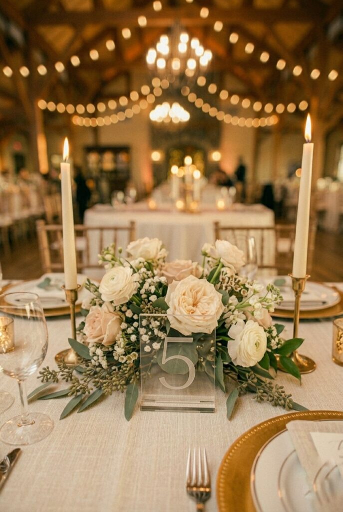 Acrylic laser-engraved table number five standing among florals and candlelight at a wedding reception table, portrait orientation