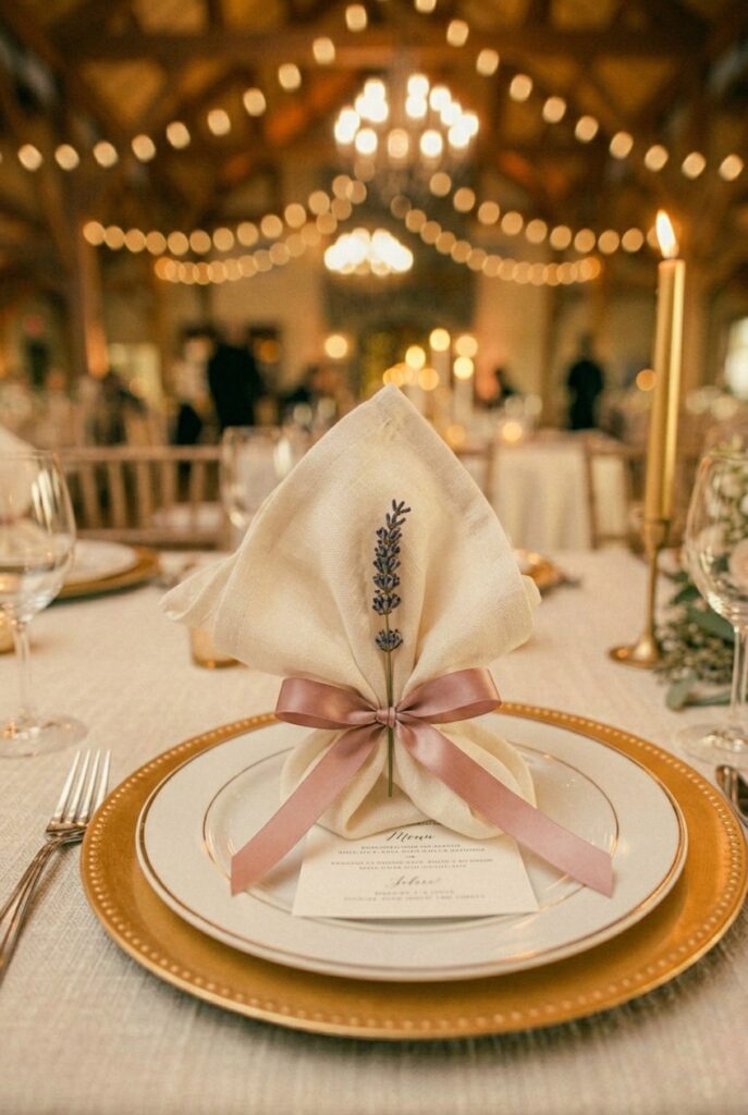 Linen napkin folded with a dried lavender sprig and satin ribbon tie on a white wedding reception plate, portrait orientation