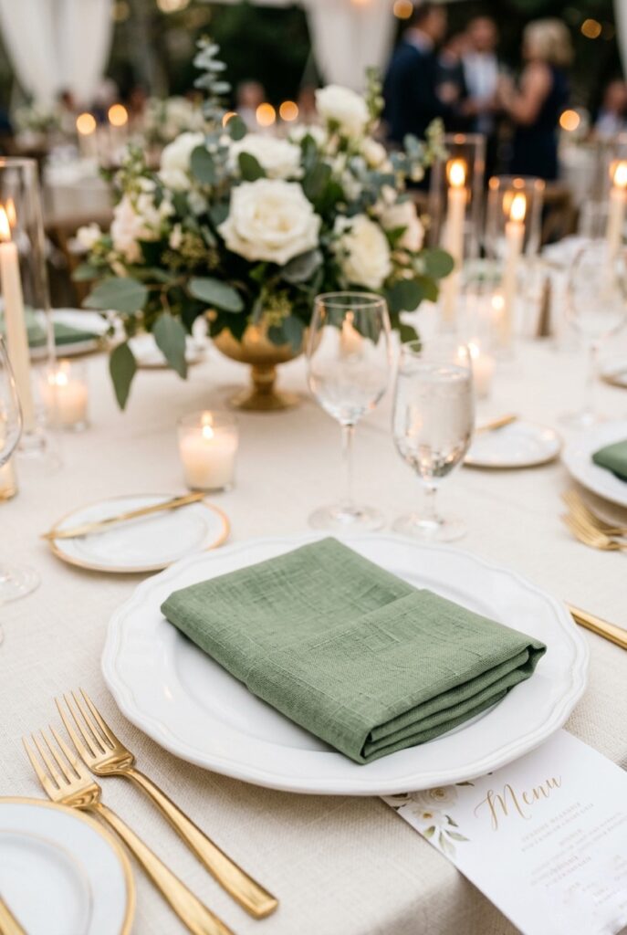 Textured sage green linen napkin folded on a white charger plate at an elegant wedding reception table, portrait orientation