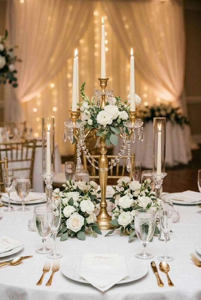 Crystal candelabra centerpiece with taper candles and white roses on white linen tablecloth
