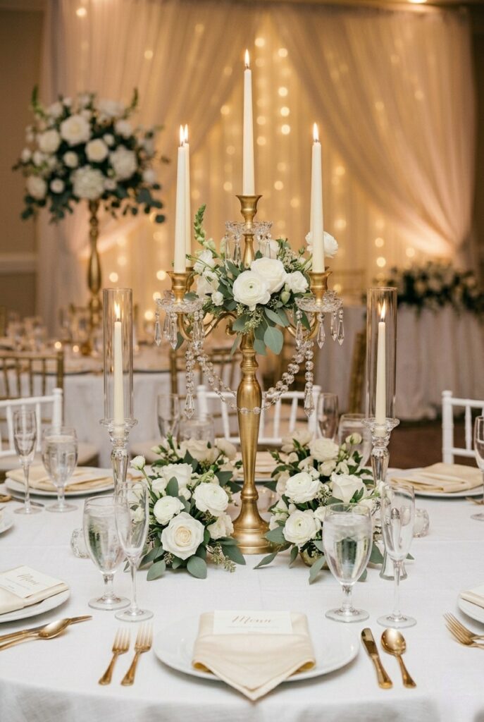 Monochromatic white and ivory wedding reception with white flowers, white linens, and cream napkins