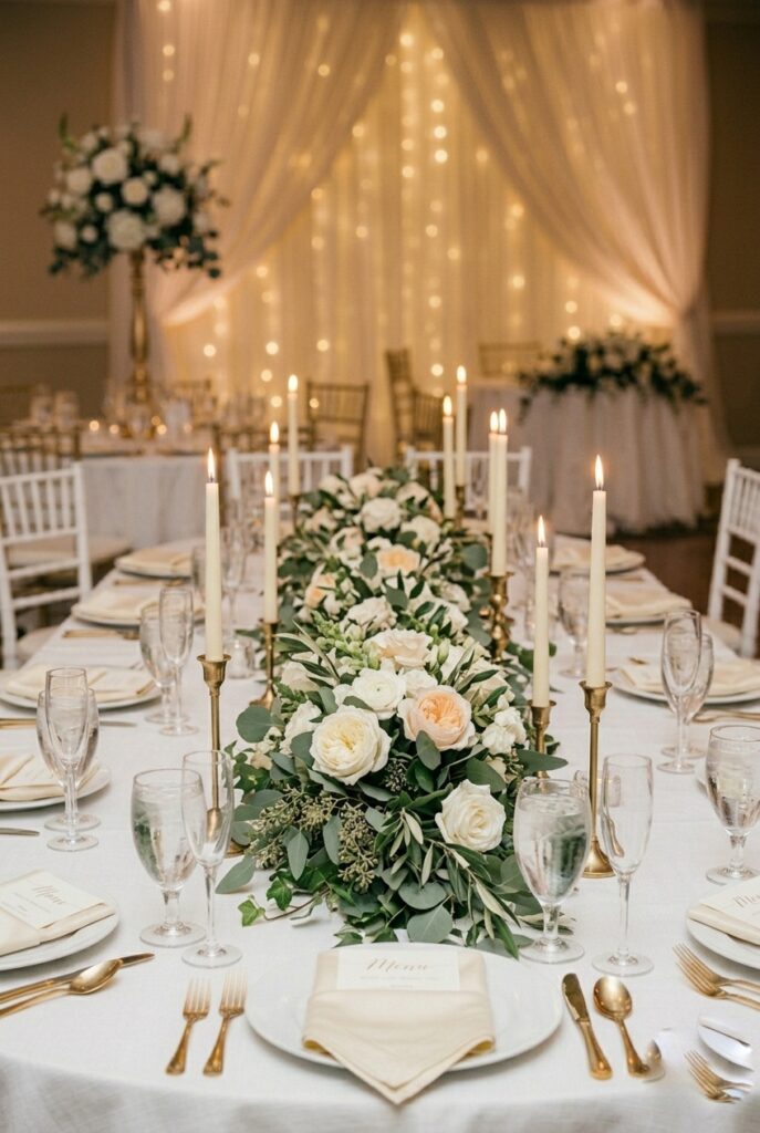 Low linear floral arrangement running down center of banquet table with garden roses and greenery