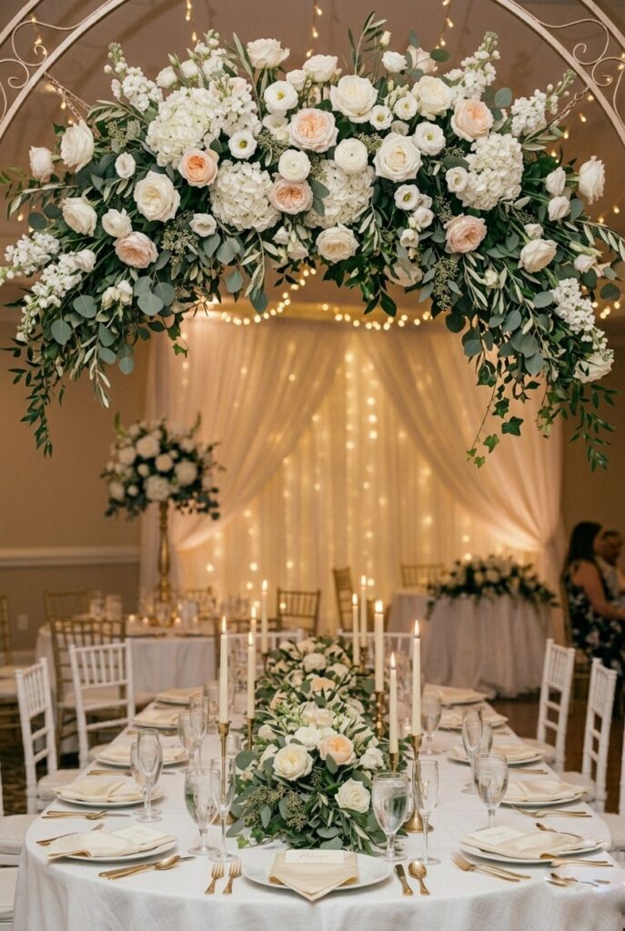 Dramatic floral arch in whites and blush tones suspended over elegant head table reception setup