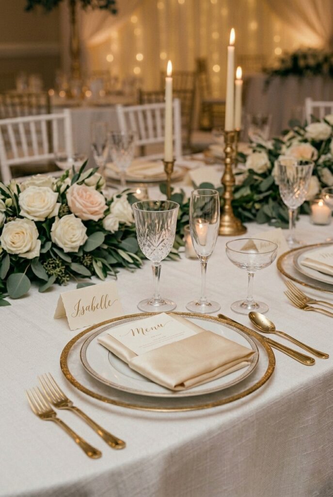 Close-up of place setting with gold charger plate, crystal glassware, gold flatware, and calligraphied place card
