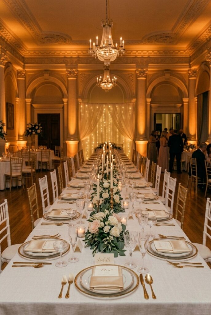 Elegant reception venue with warm uplighting accenting architectural features and creating intimate ambiance