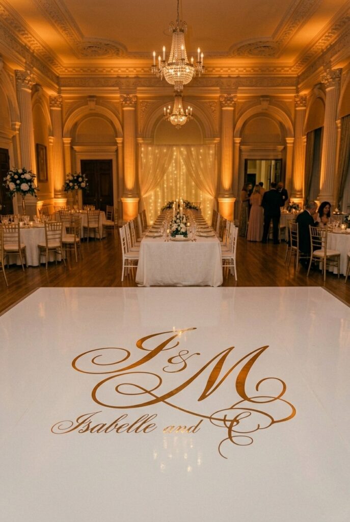 Custom monogram dance floor with elegant script initials on white background