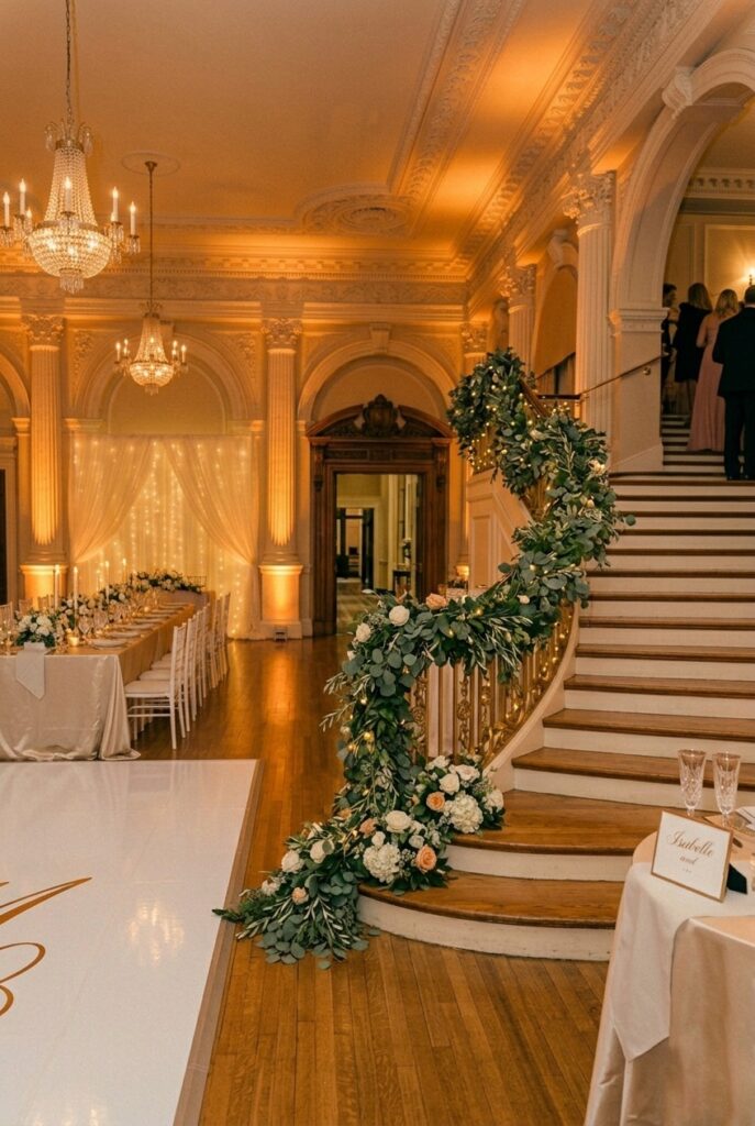 Eucalyptus and greenery garland draped along staircase entrance at elegant reception venue