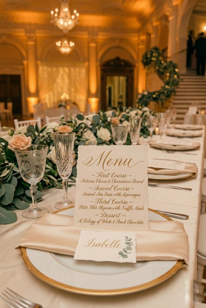 Handwritten calligraphed menu and personalized place card at elegant reception table setting