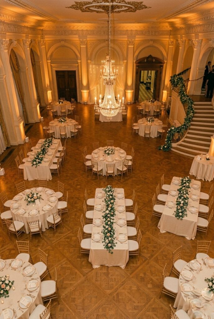 Silk satin tablecloth with subtle shimmer paired with matte napkins in elegant reception setting